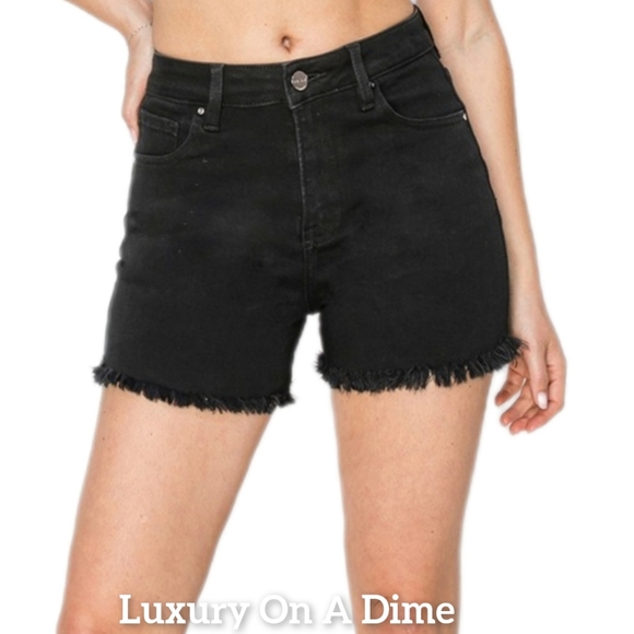 RISEN Black Cut-off Frayed High Rise Distressed Denim Mid-length Jean Shorts - Picture 5 of 16
